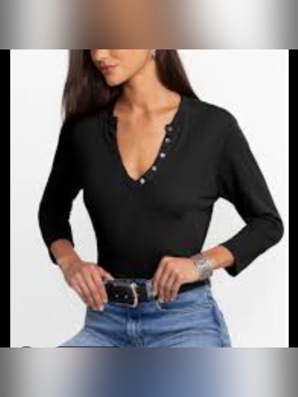 Johnny Was Calme Black Cotton-Modal Henley Tee 3/4 Slv Comfort XL
